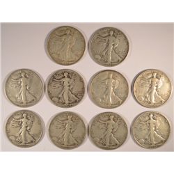 10 DIFFERENT WALKING LIBERTY HALF DOLLARS (36,36-D,36-S,37,37-D,37-S,38,39,39-D,