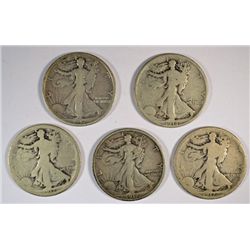 5 DIFFERENT WALKING LIBERTY HALF DOLLARS (17,17-D OBV, 17-S OBV, 17-S) GOOD-VF