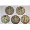 Image 1 : 5 DIFFERENT WALKING LIBERTY HALF DOLLARS (17,17-D OBV, 17-S OBV, 17-S) GOOD-VF