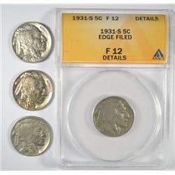 1931-S ANACS FINE 12 DETAILS & 3-1936 "GRADING SET" (VF,XF,AU) BUFFALO NICKELS