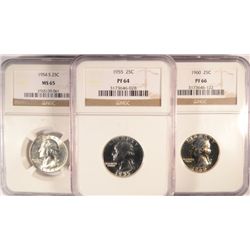1954-S NGC MS65, 1955 NGC PF64 & 1960 PF66 WASHINGTON QUARTERS