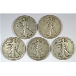 5 DIFFERENT WALKING LIBERTY  HALF DOLLARS (28-S,29-D,29-S,33-S,34) GOOD-FINE