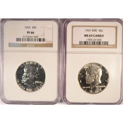 1963 NGC PF-66 & 1967 SMS NGC MS65 CAMEO KENNEDY HALF DOLLARS