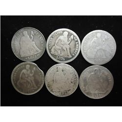 6 ASSORTED 1870'S SEATED LIBERTY DIMES