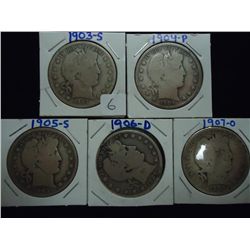 1903-S,04,05-S,-6-D & 07-O BARBER HALF DOLLARS