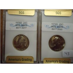 1974-D & 76-D WASHINGTON QUARTERS SGS MS69'S