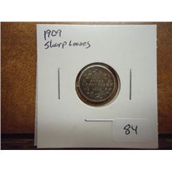 1909 SHARP/BROAD LEAVES CANADA SILVER 5 CENTS