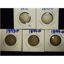 1892,92,93,99 & 99 BARBER DIMES