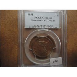 1851 US LARGE CENT PCGS AU DETAILS