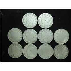 10 ASSORTED LIBERTY "V" NICKELS 1900'S