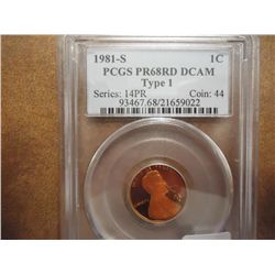 1981-S TYPE I LINCOLN CENT PCGS PR68RD DCAM