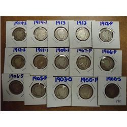 15 ASSORTED BARBER DIMES SEE DESCRIPTION