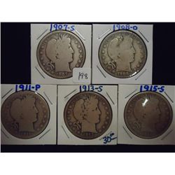 1907-S,08-O,11,13-S & 15-S BARBER HALF DOLLARS