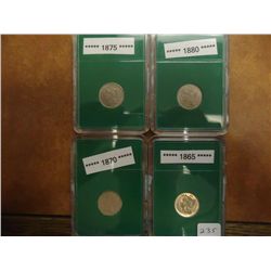 1865,1870,75 & 80 THREE CENT PIECES (NICKEL)