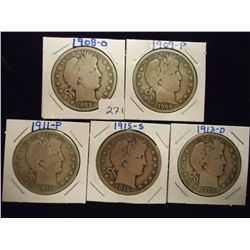 1908-O,09,11,13-D & 15-S BARBER HALF DOLLARS