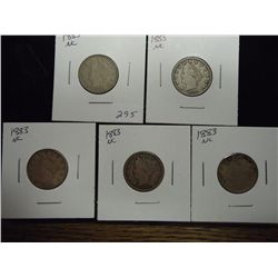 5-1883 NO CENT LIBERTY "V" NICKELS ALL VF & BETTER