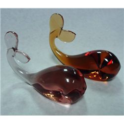 Pair of Whale Paperweights. Red and Amber in color. Not marked.