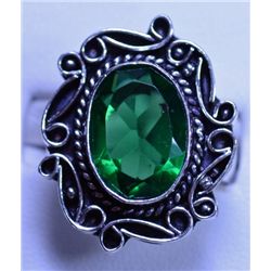 New German Silver Ring with Syn Green Emerald, Size 9