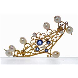 Vintage Gold Rose Cut Sapphire and Seed Pearl Pin/Brooch, Excellent Condition!