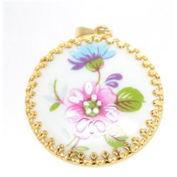 Signed Limoge Pendant with Detailed Painted Flowers