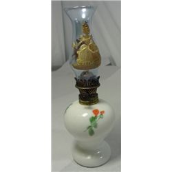 FLORAL MILK GLASS MINIATURE OIL LAMP WITH HAND PAINTED  PRINCESS AND FLOWERS