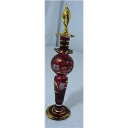 BEAUTIFUL CRANBERRY RED WITH HAND PAINTED GOLD DETAIL AND FLOWERS PERFUME BOTTLE