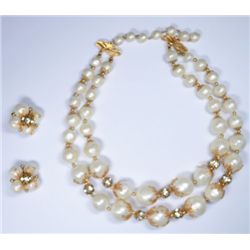 Signed Deauville Pearl Necklace and earring set. Gold Accents.