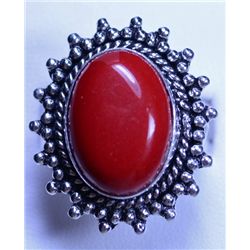 New German Silver ring, Red Coral, size 9