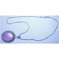 New German Silver Pendant with Rose Quartz, Chain is 20"