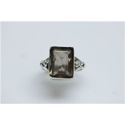 NATURAL 26.40 CTW SMOKY TOPAZ EMERALD CUT RING .925 STE