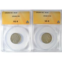 1918-D ANACS VG-8 & 1918-S ANACS VG-8 BUFFALO NICKELS