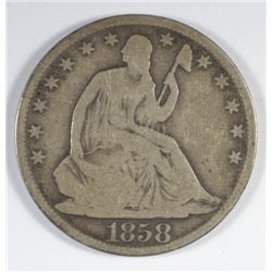 1858-O SEATED HALF DOLLAR VG+