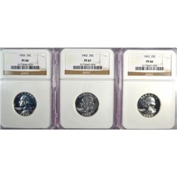 1955 NGC PF66,1962 NGC PF67, 1963 NGC PF66 PROOF WASHINGTON QUARTERS