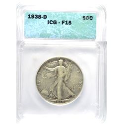 1938-D WALKING LIBERTY HALF DOLLAR ICG FINE 15