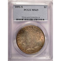 1891 S MORGAN DOLLAR PCGS MS65 GEM, SUPER COLORS!