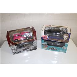 LOT OF 4- 1:18 SCALE DIE CAST AUTOMOBILES NEW IN BOX INCLUDING 1949 JAMES DEAN MERCURY COUPE, 1957