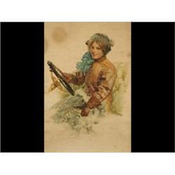 A Print, on silk, of a lady at the wheel of a...