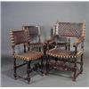 Image 1 : Juego de tres sillas y un sillón en nogal tallado y cuero, estilo portugu‚s, S. XIX. Medidas sill...