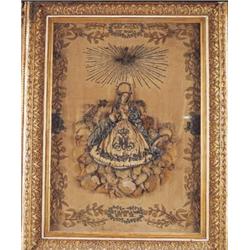 Cuadro-bordado de la Virgen.Trabajo español, mediados S. XIX. Medidas: 72 x 50 cms.Figura de la V...