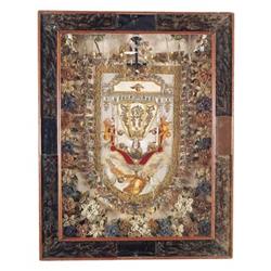 Cuadro-relicario de la Virgen bordado. Trabajo español, ultimo cuarto S. XIX. Medidas: 71 x 52 cm...