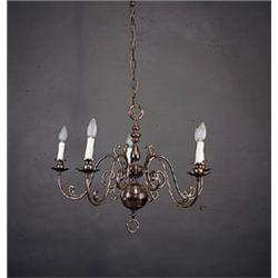 Conjunto de dos l mparas de tres y cuatro luces, estilo holand‚s,S.XX. Altura: 29cms. y 30 cms....
