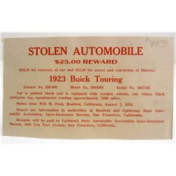 1924 LAW ENFORCEMENT $25 REWARD FOR A BUICK CAR POSTCARD