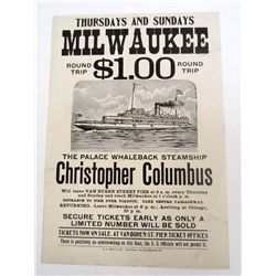 RARE EARLY ADVERTISEMENT FOR THE CHRISTOPHER COLUMBUS STEAMSHIP IN MILWAUKEE, WI