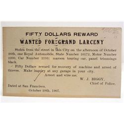 1907 LAW ENFORCEMENT $50 REWARD FOR A STOLEN ROYAL AUTOMOBILE POSTCARD