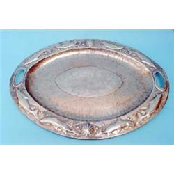 An early 20th century Newlyn 2-handled copper tea tray with fish, rocaille embossed decoration, 2...