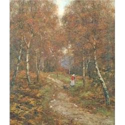 Edward Wilkins Waite RBA (1854-1924) - oil on canvas, a figure gathering firewood amongst birch t...