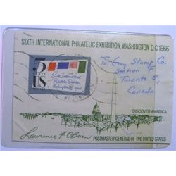 VINTAGE 1966 WASHINGTON DC *6TH INTERNATIONAL PHILATELIC EXHIBITION WITH POSTMASTER GENERAL SIGNATUR