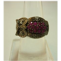 35.50 ctw Black Owl shaped  with Ruby Ring .925 Sterlin