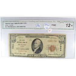 1929 $10.00 NATIONAL BANK NOTE, METCALF, IL  #7954  CGA-12