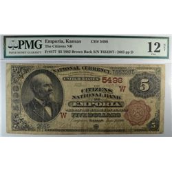 1882 $5 NATIONAL EMPORIA, KS #5498 PMG 12